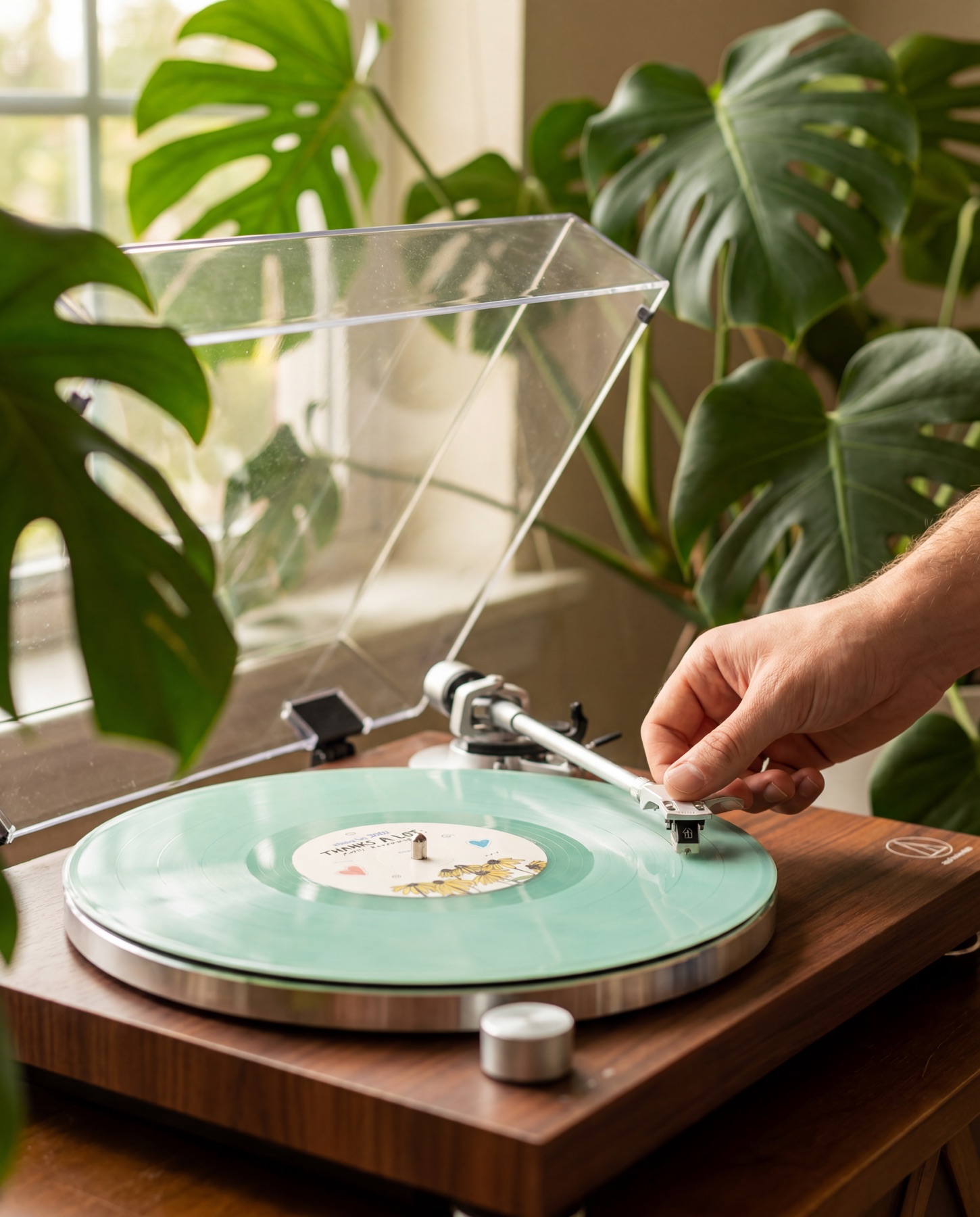 Sea glass blue Thanks A Lot vinyl on a wooden turntable in afternoon sunlight, with monstera plants in the background.