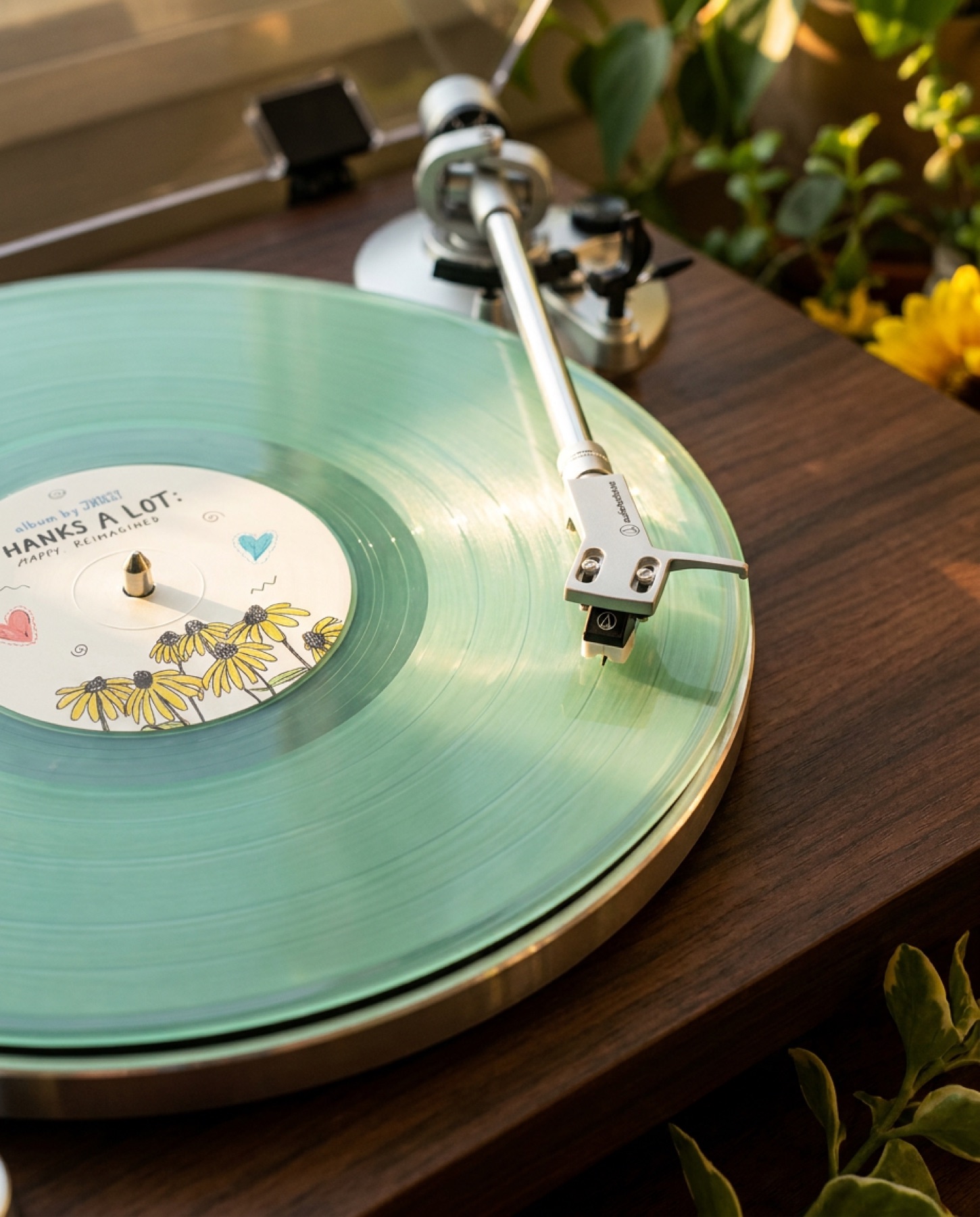 Close-up of the sea glass blue Thanks A Lot vinyl spinning under a tonearm, hand-drawn flowers on the white center label.